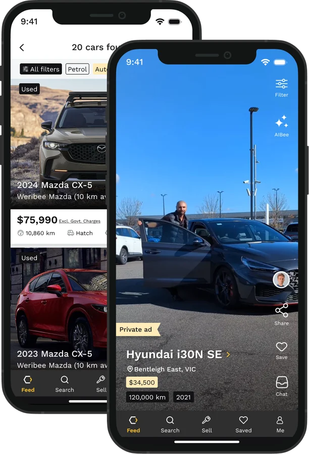 CarBee app showing vehicle search and a video listing